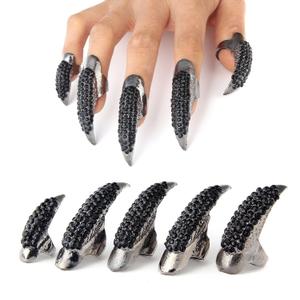10 Pcs Halloween Costume Fake Finger Claws - Gothic Punk Cosplay Nail Rings - Sparkling Crystals Paved Party Accessories for Girls Women Men - Witch Vampire Paw Fingertip Claw Nails, 3 Sizes - Black