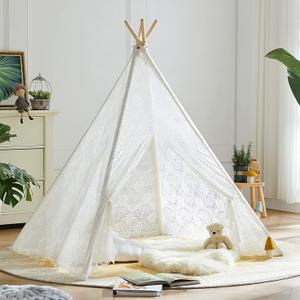 Asweets Kids Teepee Tent, Children Play Tent, Indoor Outdoor Cotton Play Tent for Girls & Boys Kids (White Lace Tent)