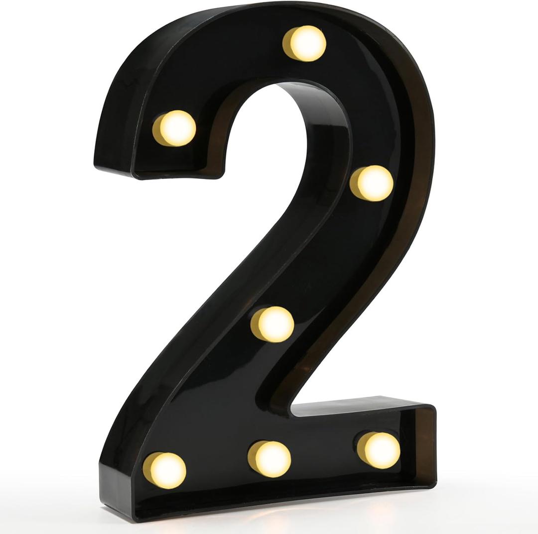 Pooqla Decorative Led Light Up Number Letters, Black Plastic Marquee Number Lights Sign for 2nd 21th Birthday Party Wedding Decor Battery Operated Black Decoration 2