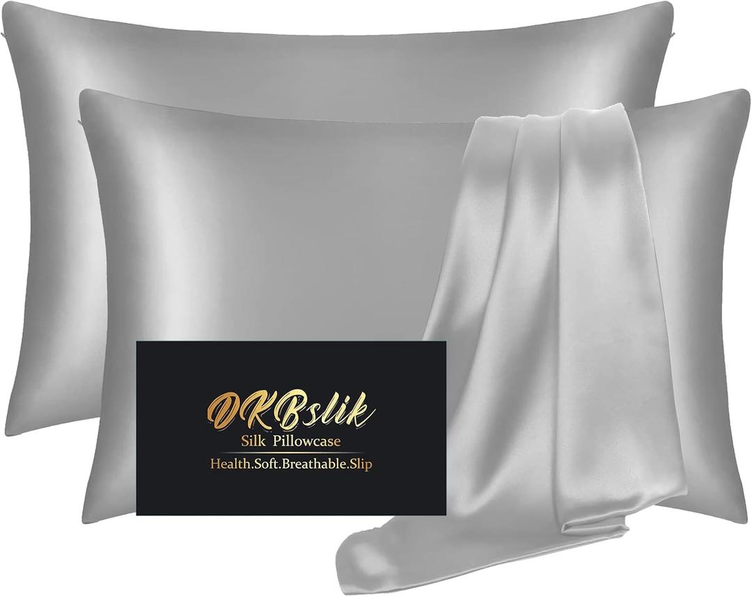 Silk Pillow Cases 2 Pack, Mulberry Silk Pillowcases Standard Set of 2, Health, Smooth, Anti Acne, Beauty Sleep, Both Sides Natural Silk Satin Pillow Cases for Women 2 Pack with Zipper for Gift, Grey