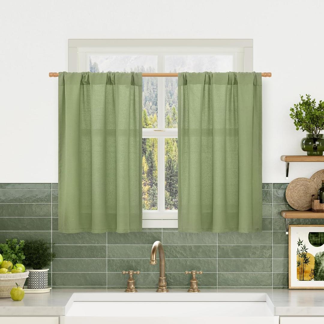 LAMIT Linen Curtains 30 Inch Length for Cafe Kitchen, Light Filtering Linen Textured Panels Rod Pocket Boho Short Privacy Drapes for RV Basement/Small Windows, 2 Panels, 29 x 30 Inch, Sage Green