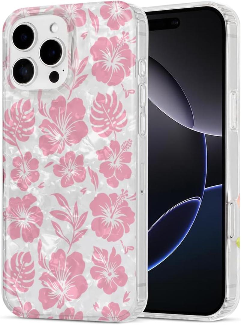 Case Compatible with iPhone 16 Pro, Floral Flower Pattern Aesthetic Phone Case for Women Girls Clear Shockproof Protective Phone Cover - Pink Flowers