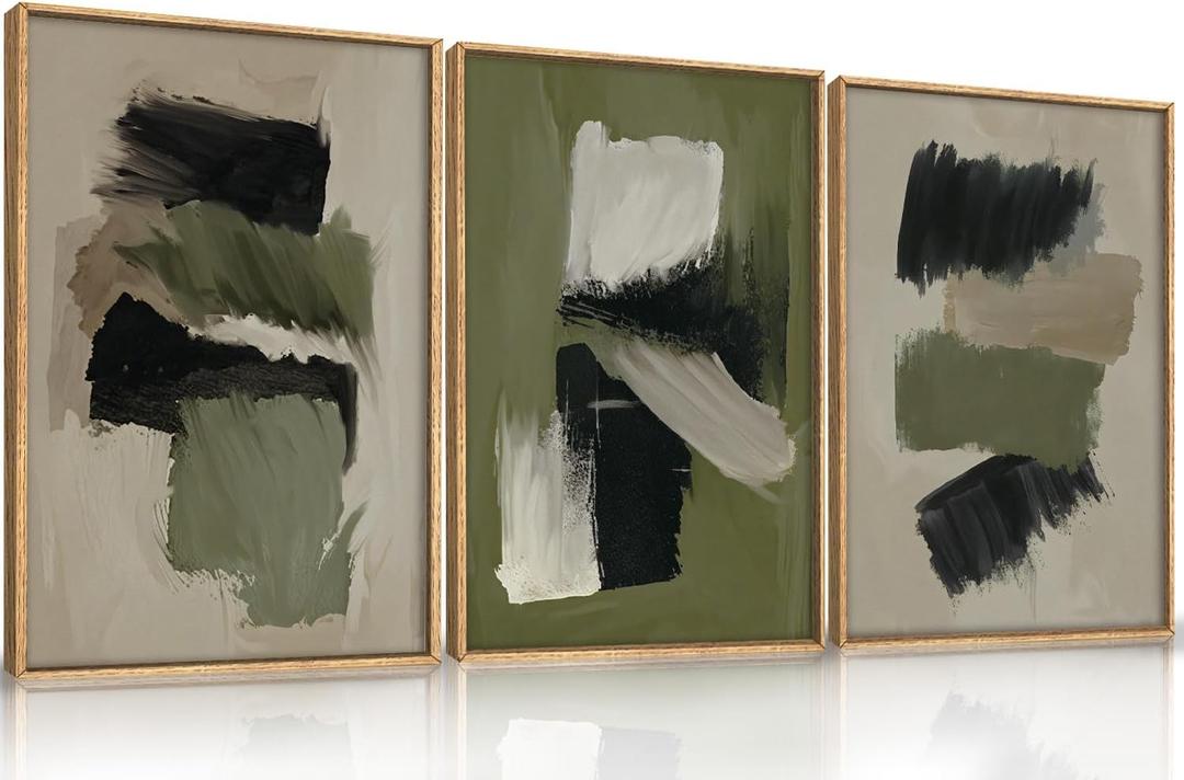 Green Abstract Framed Canvas Wall Art Set, Modern Brush Strokes Wall Decor,Neutral Tone Minimalist Green and Black Color Block Art Print for Living Room,Bedroom,Dining Room, Office-16 x24 x3