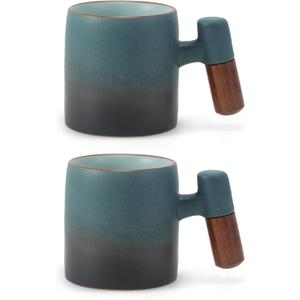 2.5oz Ceramic Espresso Cups with Wooden Handle, Porcelain Espresso Shot Cups Set of 2, Demitasse Cups for Coffee or Tea, Black, Blue