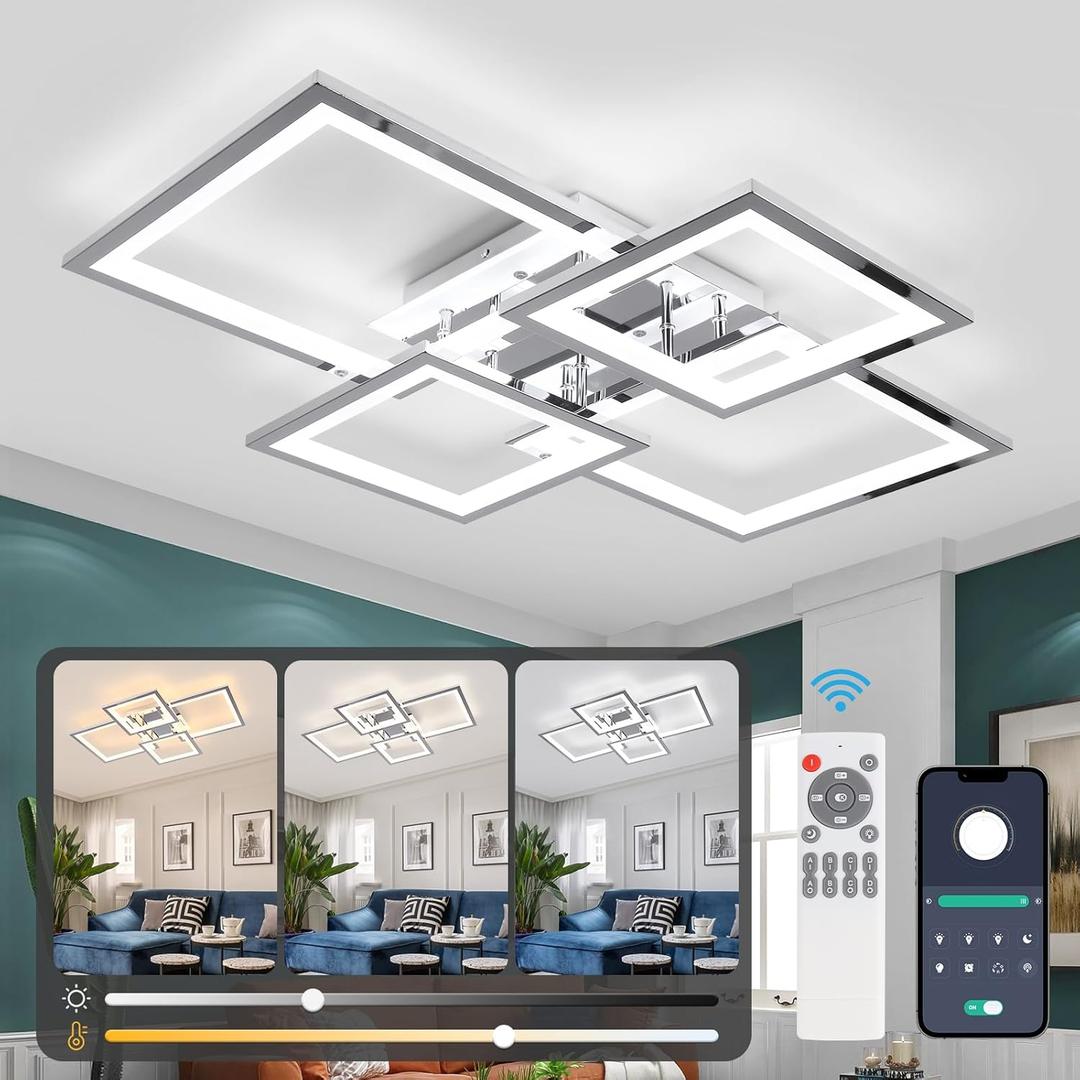 Acrylic Modern LED Ceiling Light, Square LED Flush Mount Ceiling Light, Dimmable Kitchen Light Fixtures with Remote&APP, Close to Ceiling Lighting Fixture for Dining Room Kitchen Living Room Bedroom (Chrome)