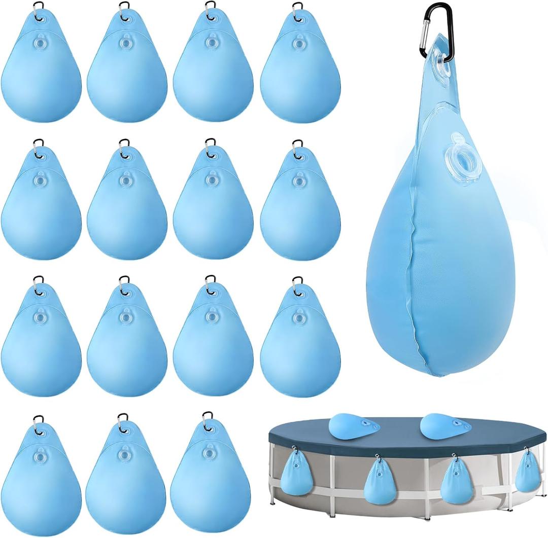 UQM 16 Pack Large Pool Cover Weights with Hooks, Leakproof Swimming Pool Cover Hanging Bag Thick PVC Pool Water Bags, Antifreezing Winter Pool Tarp Weights for Above Ground Pool Cover