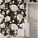 HAOKHOME Black Floral Peel and Stick Wallpaper Vintage Roses Peonies Removable Wall Paper Contact Paper for Kitchen Bathroom Black/Beige/Olive 17.7in x 9.8ft