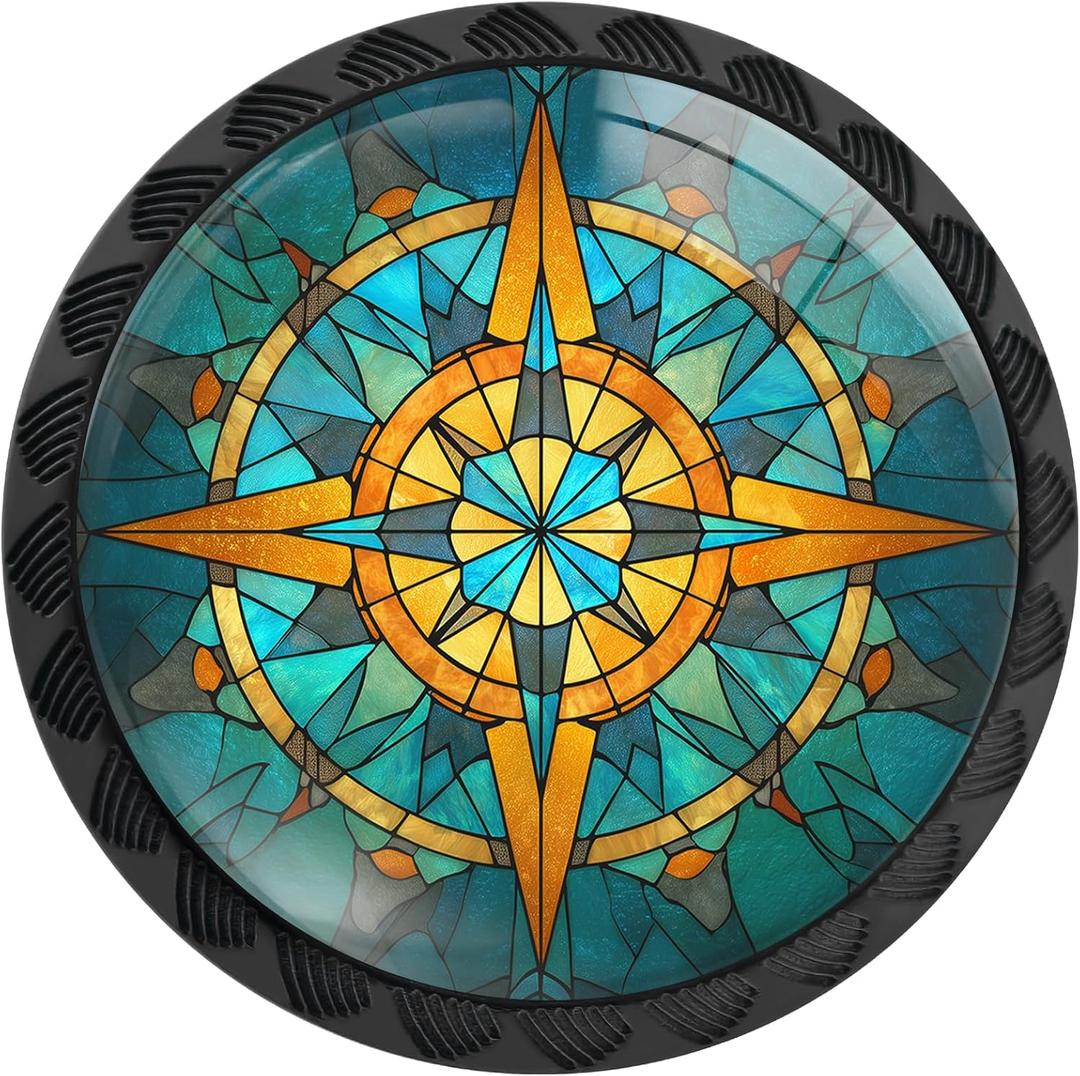 4 Pack Stained Glass Retro Compass Cabinet Knobs Round Drawer Pulls Black Dresser Knob Cupboard Door Handles Hardware for Kitchen Bathroom Cabinets