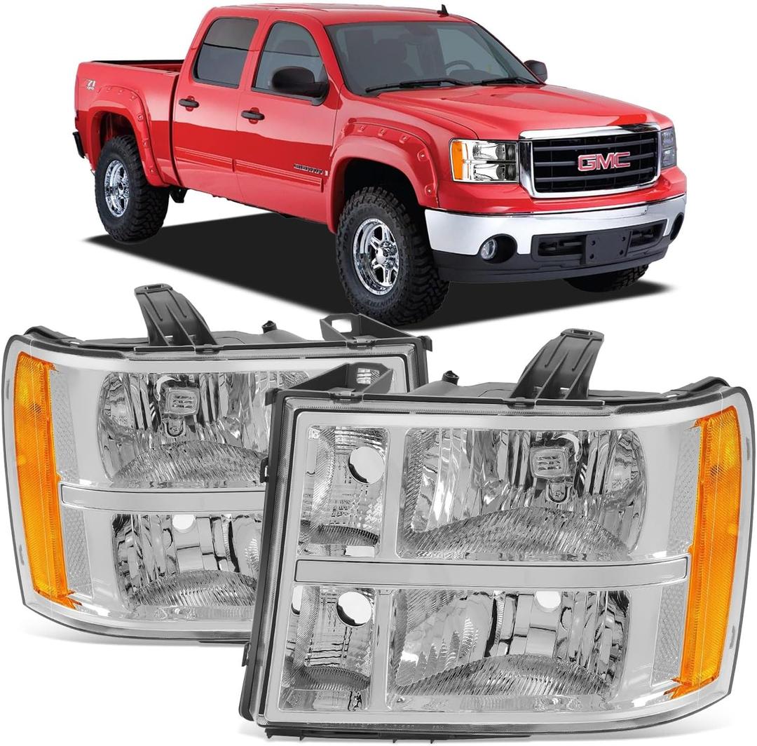 Headlight Assembly Compatible with 2007-2013 GMC Sierra 1500/2007-2014 Sierra 2500HD 3500HD Headlamps Replacement, Chrome Housing Clear Lens (Does Not Fit 2007 Classic Styles)