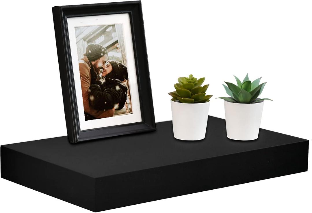 WELLAND 16 inch Black Mission Floating Shelves for Wall, Bathroom Wall Mount Shelves, Wood Modern Display Shelves, Book Shelves,for Bedroom,Living Room and Kitchen (15 4/5" x 9 1/4" x 2")