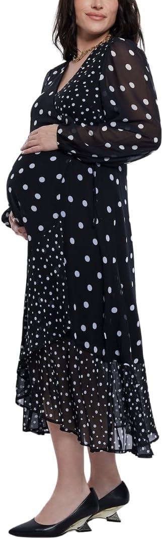 Motherhood Maternity Womens Long Sleeve Wrap Flounce Midi Pregnancy Dress (Medium, Mixed Dot)