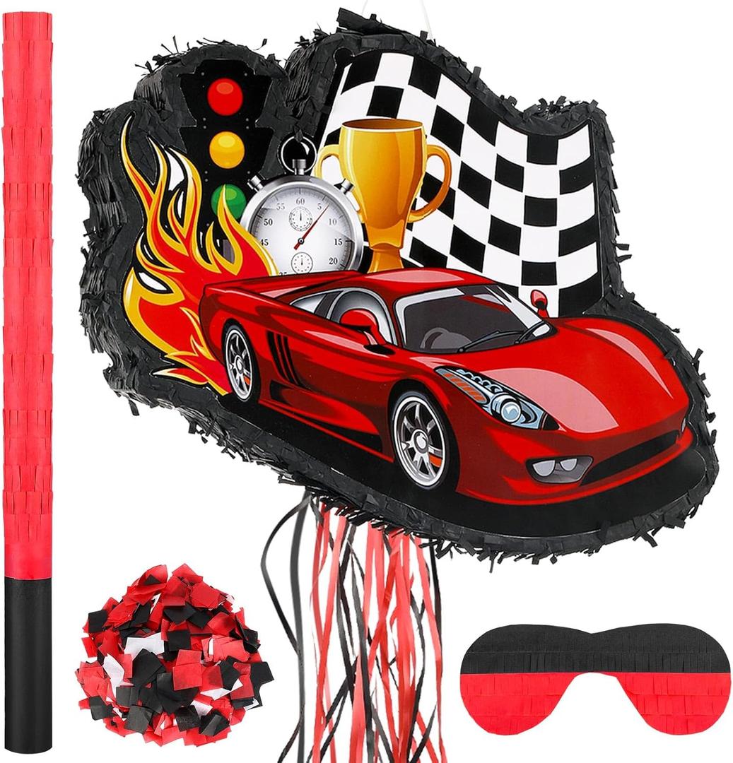 Seematn Race Car Piata Bundle with a Blindfold, Bat and Confetti Birthday Party Supplies Small Racing Piata for Kids Boy Construction Party Favors Decor