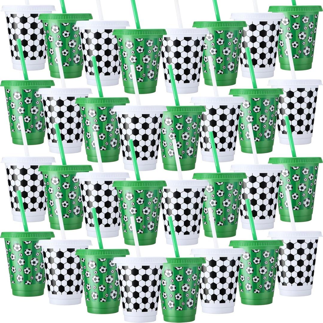 Sieral 30 Pcs Soccer Cups with Straws and Lids 16 oz Football Cups White Green Plastic Tumblers Reusable Iced Coffee Travel Mug for Sport Theme Party Supplies Decorations