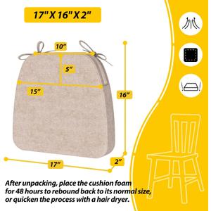 AAAAAcessories D-Shaped Chair Cushions, 2" Thick Dining Chair Pads with Ties and Removable, Machine-Washable Cover, 17" x 16", Set of 3, Beige