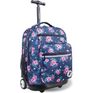 J World New York Sundance Rolling Backpack Girl Boy Roller Bookbag, Navy Rose, 20 Inch