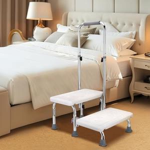 2 Step Stool with Handle for Elderly, Heavy Duty Step Stool with Adjustable Handrail, Non-Skid Platform and 6 Fixing Buckle, Bed Steps for High Beds for Adults, Seniors, Hold up to 450LBS White Color
