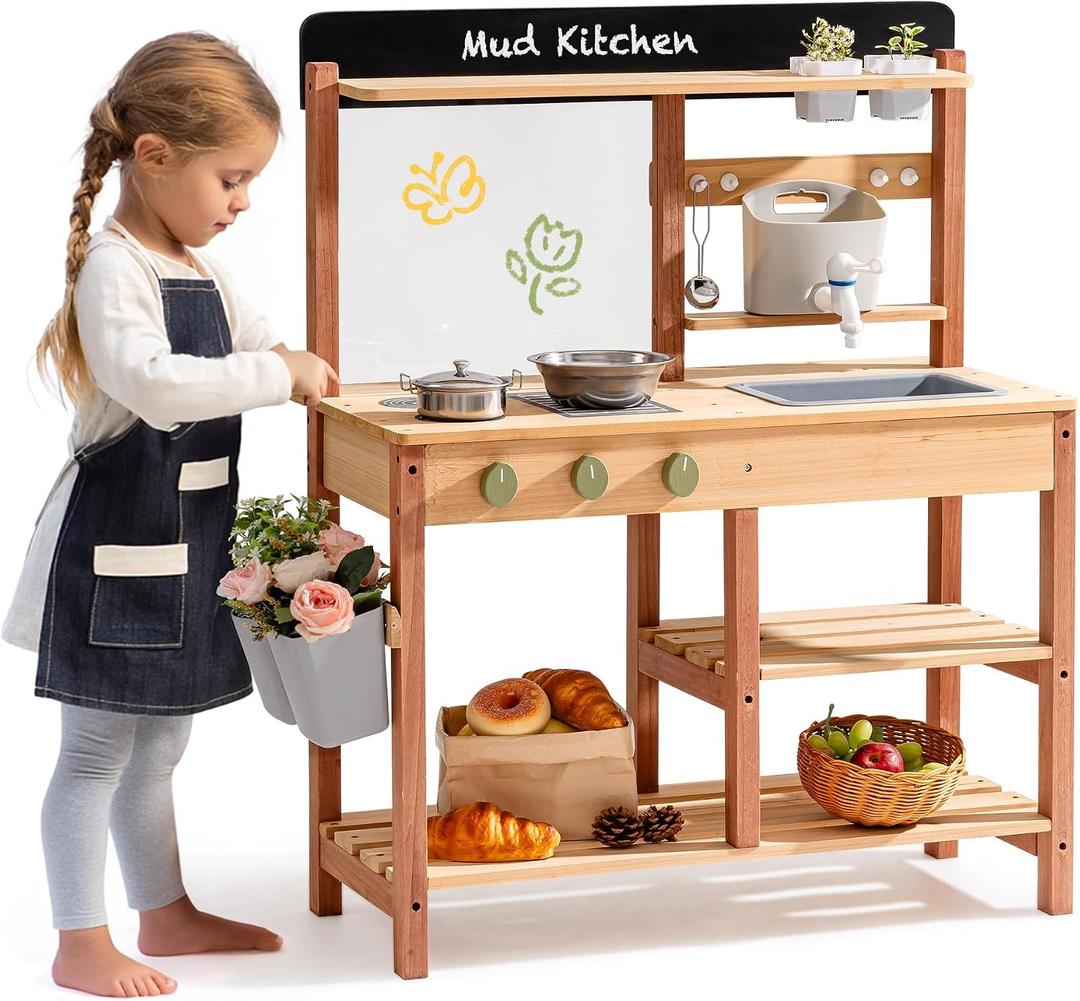 ROBOTIME Mud Kitchen for Kids Outdoor – Wooden Outdoor Mud Kitchen with Sink & Storage – Outdoor Pretend Kitchen Toy for Boys and Girls Ages 3+
