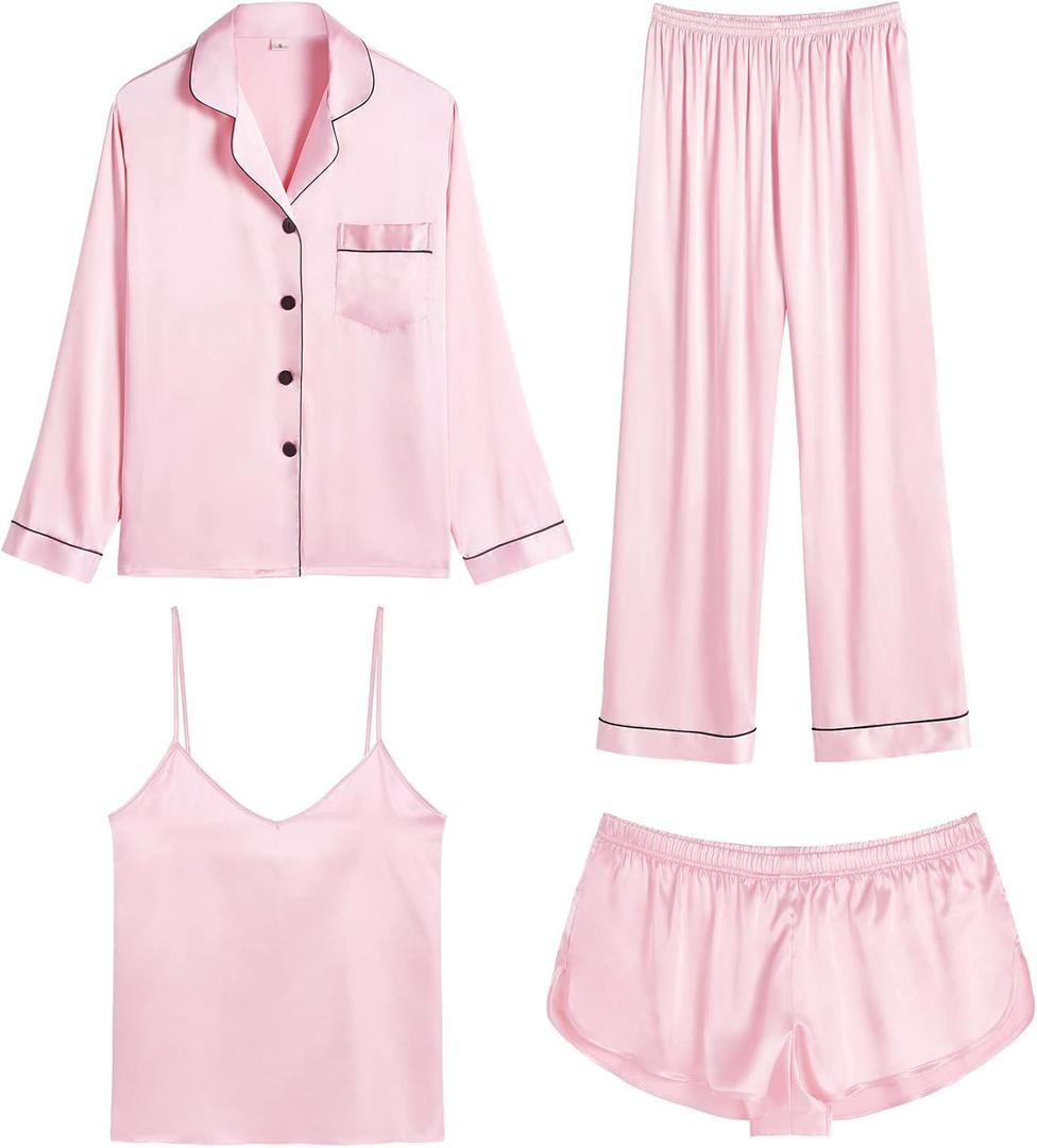 SWOMOG Women Satin Pajamas 4pcs Pajama Set Sexy Cami Shorts Set and Button Down Long Sleeve Pjs Loungewear Sleepwear (Pink, XXL)