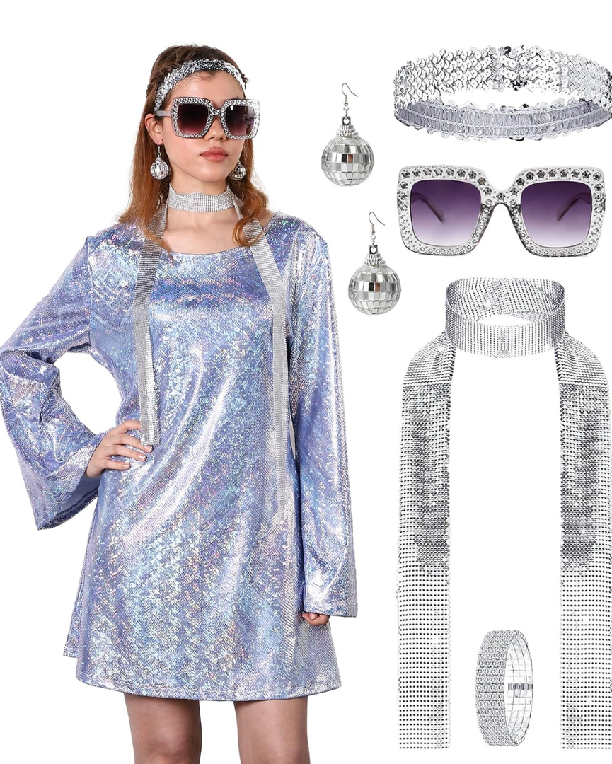 70s Disco Outfit Women, 70s Theme Disco Dress Costume Shiny Go Go Dress for Halloween Birthday Dance Party ,Size XXL