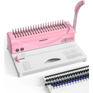MAKEASY Binding Machine, 21-Hole, Comb Binding Machines with 100PCS Comb Bindings Spines, Comb Binder for Letter Size, A4, A5 Paper (Pink)