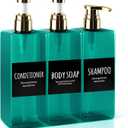 Soap Dispensers, 16.9oz Plastic Bottles with Gold Pumps & Waterproof Labels for Shampoo, Hand Soap, Body Wash - Ideal for Bathroom, Kitchen, Living Room, Set of 3 (Green)