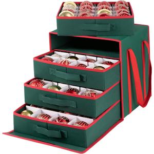 OIAHOMY Christmas Ornament Storage Box with Adjustable Dividers, Christmas Storage Container with Side Open Stores up to 64-3'' Ornaments, 4 Removable Drawer Style Trays - Green