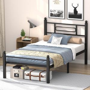 Black Metal Twin Size Bed Frames with headboard,Noice Free Design,Heavy Duty Sturdy Mattress Foundation,12in Under Bed Storage Space,Easy Assembly,Tools Free