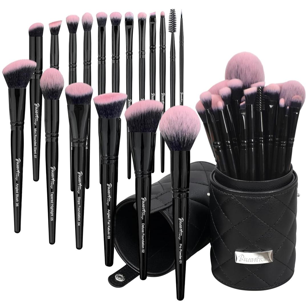 Bueart Design 18Pcs Pro Deluxe Fuchsia Pink Black Makeup Brushes Set with Travel Make up Brush Holder case Foundation Concealer Contour Blush Eyeshadow Face Make Up Brush Set