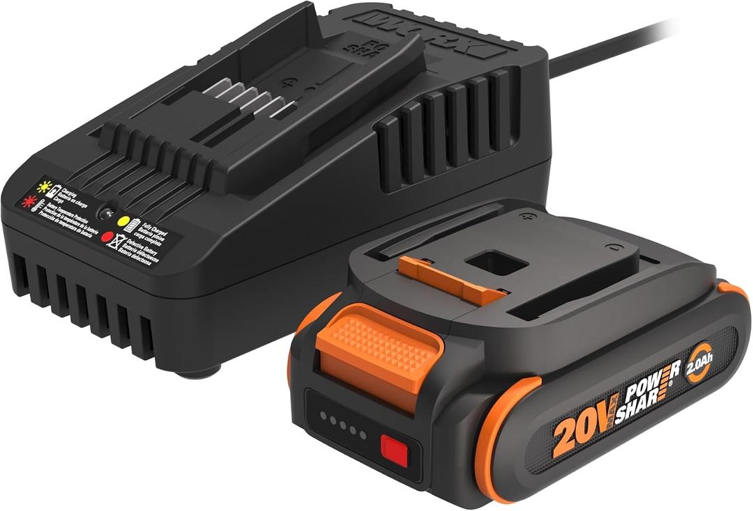 WORX 20V 2.0Ah Lithium-ion Battery & 2A Quick Charger Combo Kit, WA3613 WORX PowerShare, Intelligent Battery, Stays Cool, 360° Cell Protection, Charge-Level Indicator