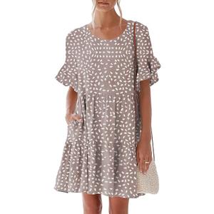 Nclook Womens Summer Casual Dresses Sweet Cute Crew Neck Mini Dress with Pockets Ruffle Short Sleeve, Khaki, S 