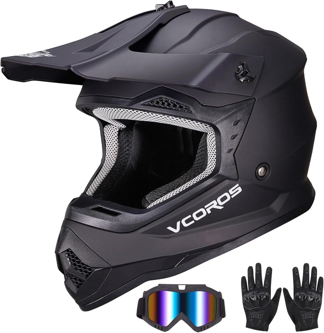 VCOROS Youth Kids Dirt Bike Helmets Motocross Street Offroad BMX MX ATV Dirtbike Motorcycle Helmet VS-905 with Goggles Gloves DOT Approved (Large, Matte Black)