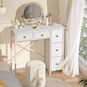 Small Vanity Desk, White Vanity Desk No Mirror, Makeup Table with Storage Drawers, Girls Vanity Dressing Table for Bedroom, 32.28 Inches Compact Vanity for Small Spaces