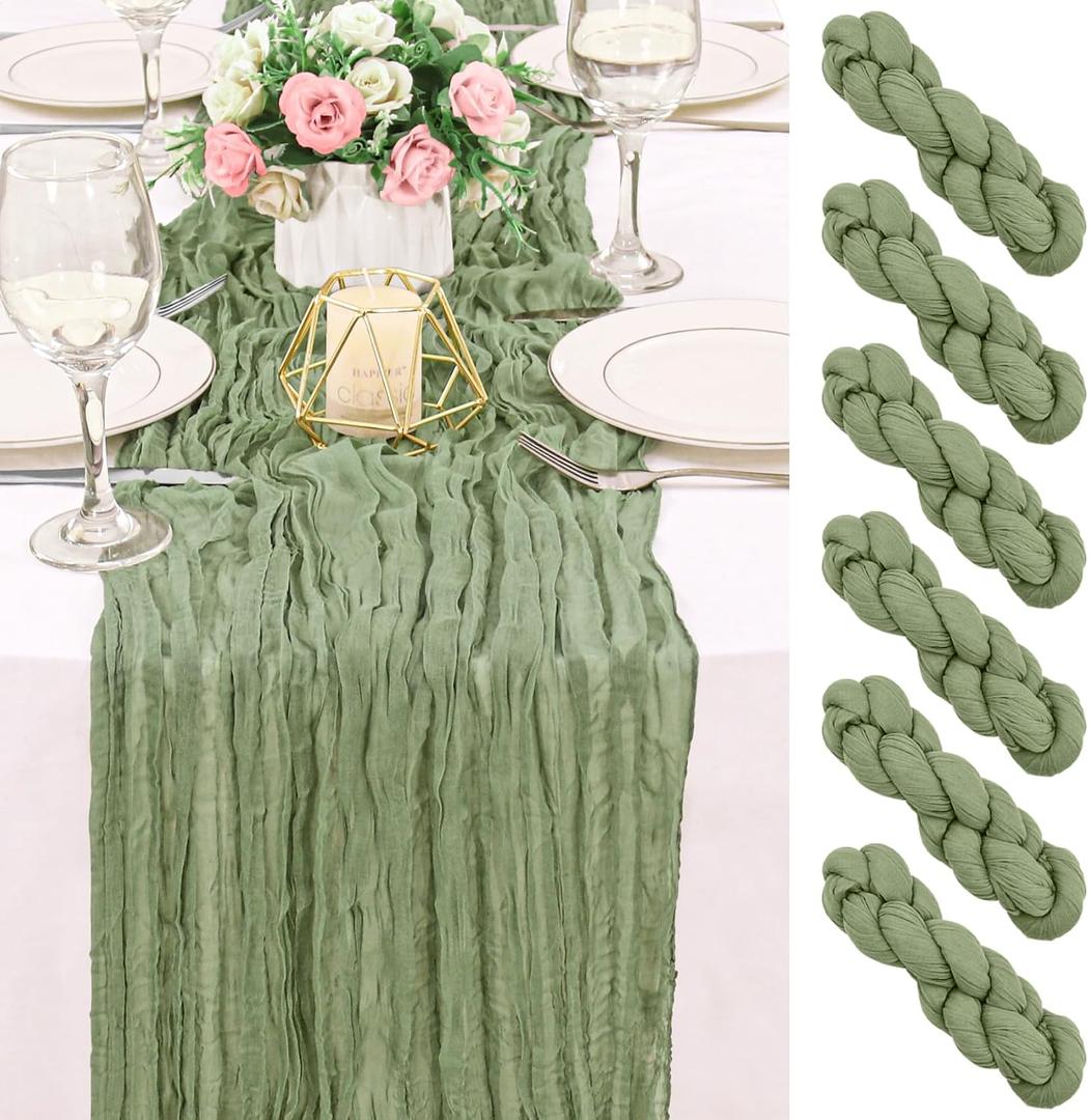 6 Pack 120 Inch Sage Green Cheesecloth Table Runner Boho Rustic Gauze Sheer Romantic 10 FT Long Cheese Cloth Table Runner for Bridal Baby Shower Wedding Party Birthday Holiday Home Easter Decor
