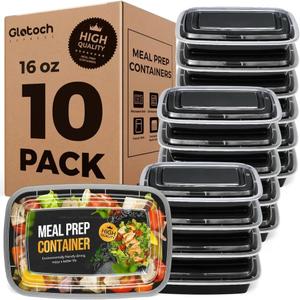 Glotoch 16oz 10-Pack Meal Prep Containers with Lids Reusable, plastic food storage containers sturdy leakproof, Microwave/freezer/dishwasher safe to go food containers, Black