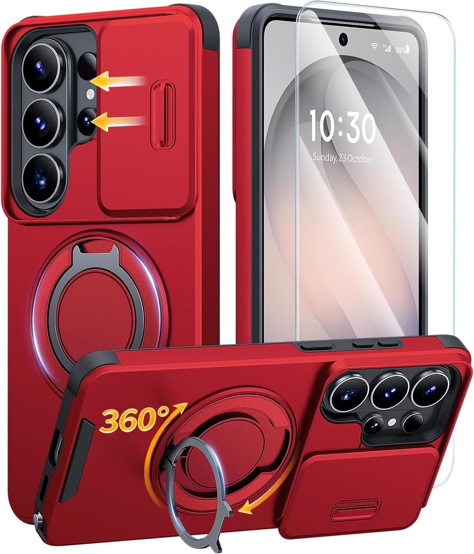JAME for Samsung Galaxy S26 Ultra Case, Ring Holder Stand Kickstand, Slide Camera Cover with Screen Protector, Dual-Layer Shockproof Protective Magnetic Accessory Friendly S26 Ultra Phone Case, Red