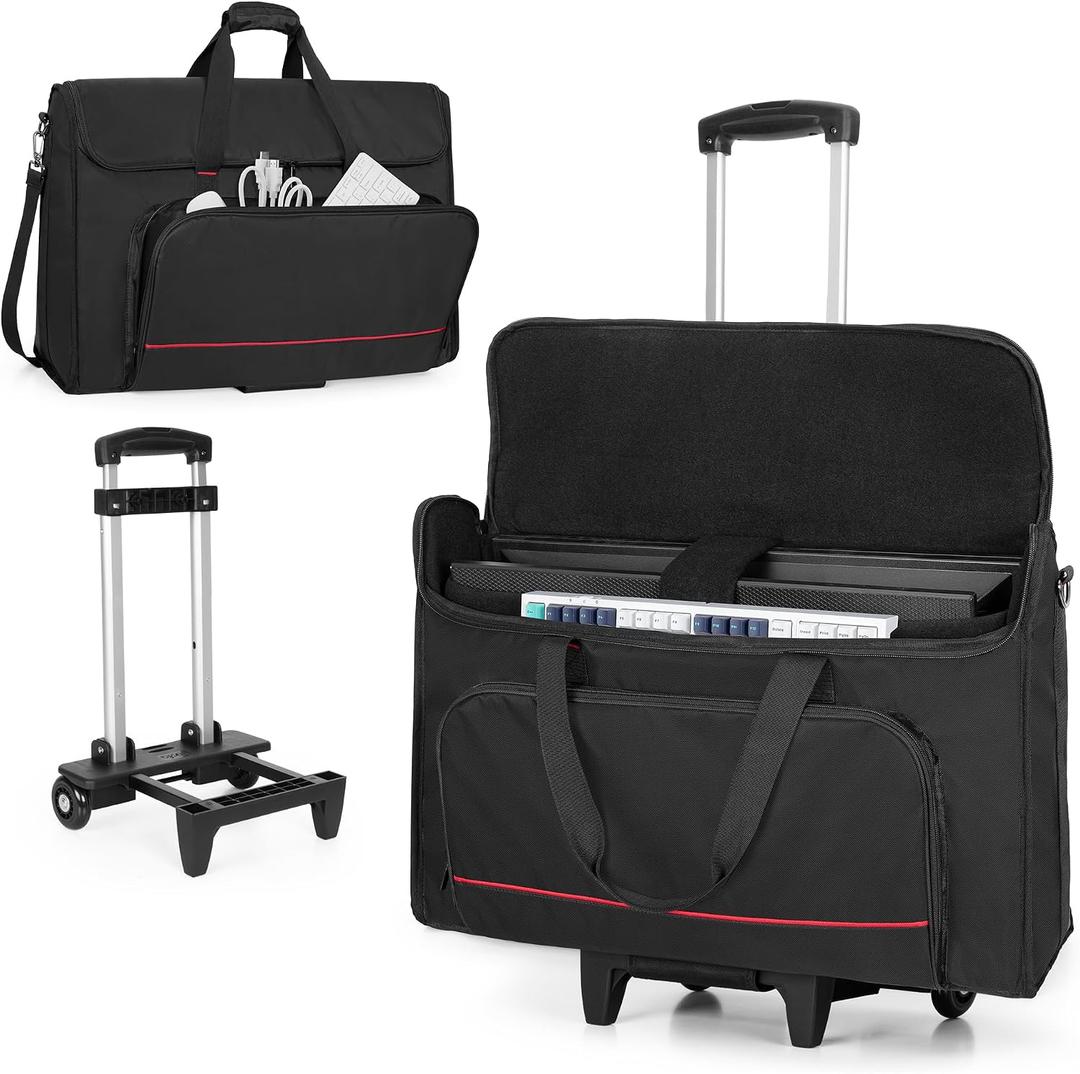 Trunab Rolling Monitor Carry Case for 24 Inch Monitors with Detachable Trolley, Padded Monitor Bag Hold Up to 2 LCD Screens/TVs and Accessories, Black Patented Design, 26 inches