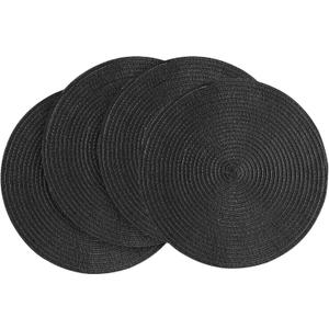 Floroom 15 Inch Round Braided Placemats Set of 4, Washable Heat Resistant Cotton Polyester Circle Place Mats for Kitchen Dining Table - Black