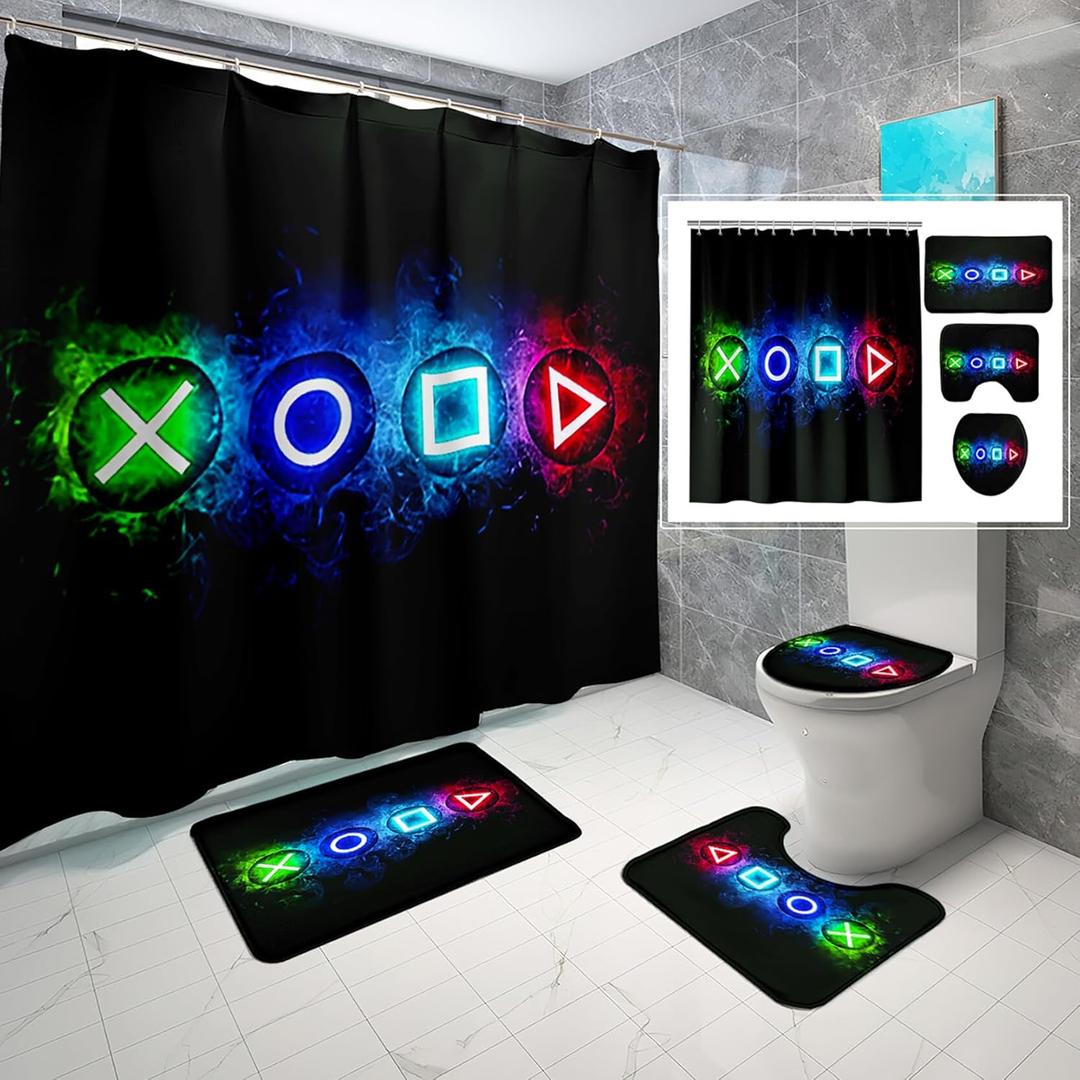 kodhyvj 4PCS Gamer Shower Curtains for Bathroom - Gaming Shower Curtain for Boys Bathroom Set Video Game Kids Shower Curtain Set with Curtain,Rug,Toilet Cover,U Shaped Mat and 12 Hooks 70"W x 70"L (Pack of 4)