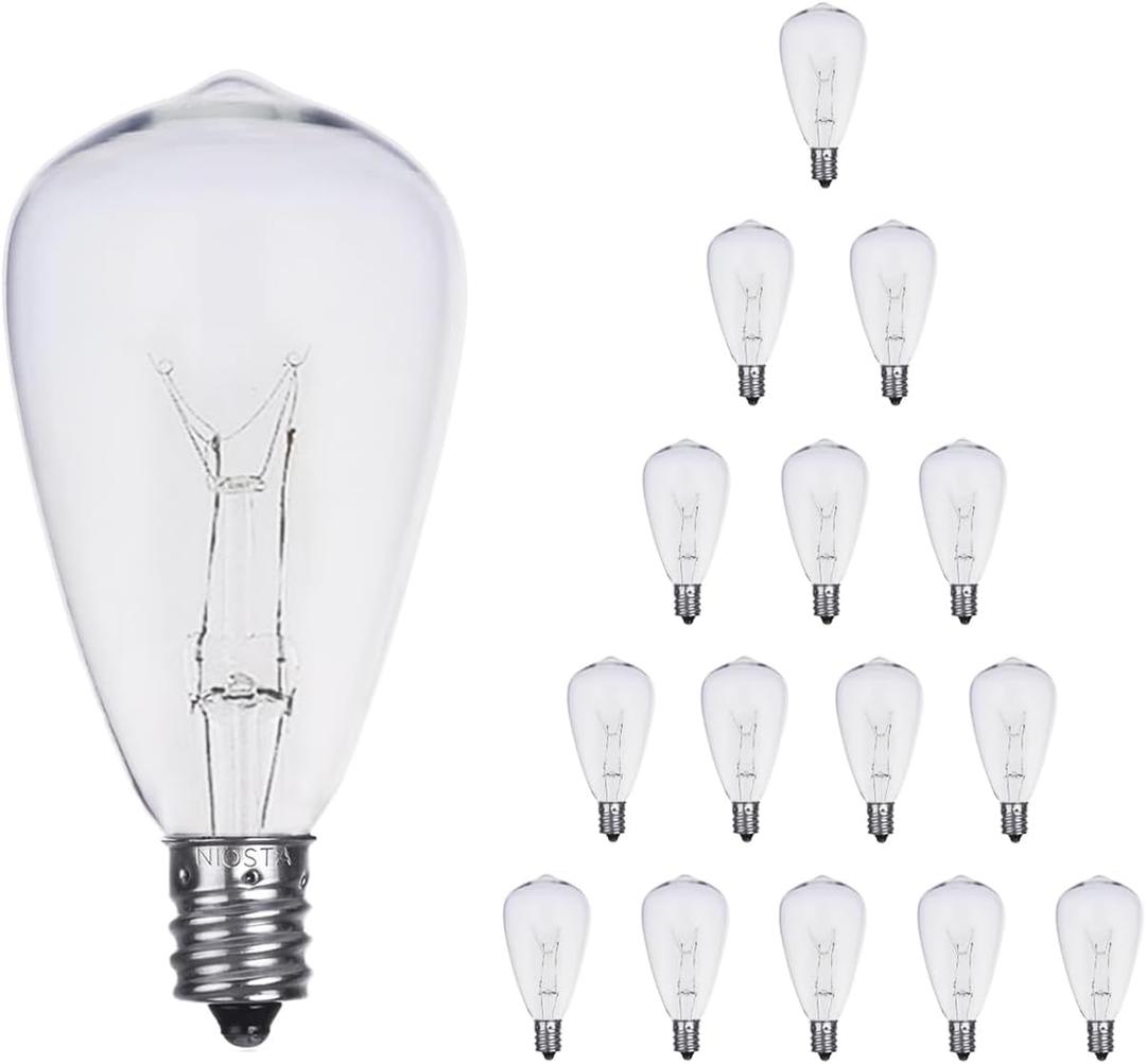 15 Pack ST38 Replacement Bulbs, 5W Incandescent Warm White E12 Candelabra Base, Cost-Effective Clear Glass Waterproof Replacement Bulbs for Outdoor Patio & String Lights