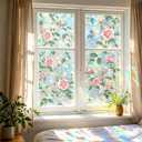 Stained Glass Floral Window Film Static Cling, 17 x 78.74 Inch UV Blocking Privacy Window Decal, Removable Non-Adhesive Rainbow Pink Rose Window Sticker for Bathroom Bedroom Living Room Sunroof