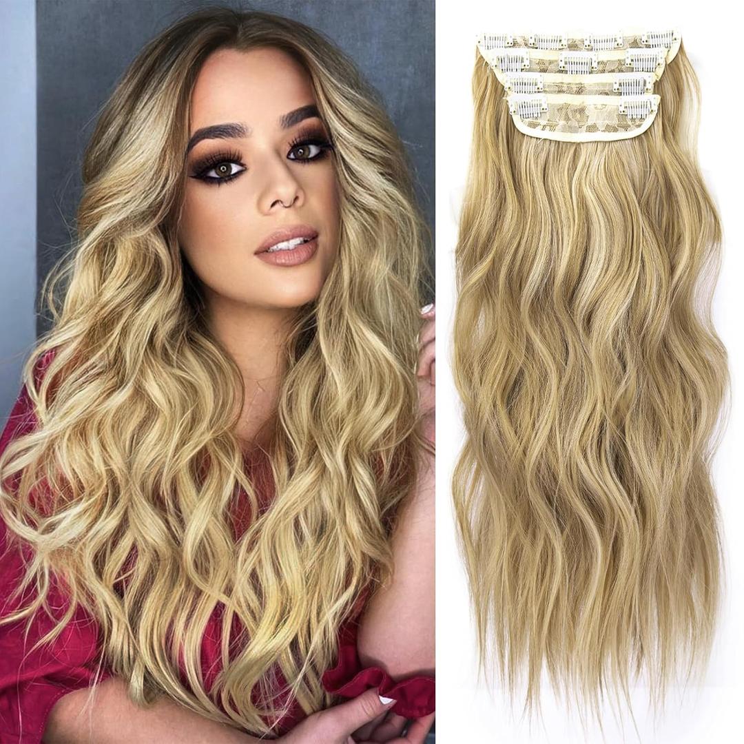 Blonde Hair Extensions Long Wavy 20 Inch 4pcs Clip in Synthetic Hair Extensions for Women Double Weft Extensions (Ombre Ash Brown to Bleach Blonde, 8AH613#)