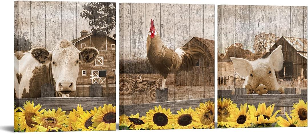 Artsbay Farm Animal Wall Art Cow Rooster Pig Pictures Painting Vintage Farmhous Home Decor 16 x 20 Inches x 3pcs