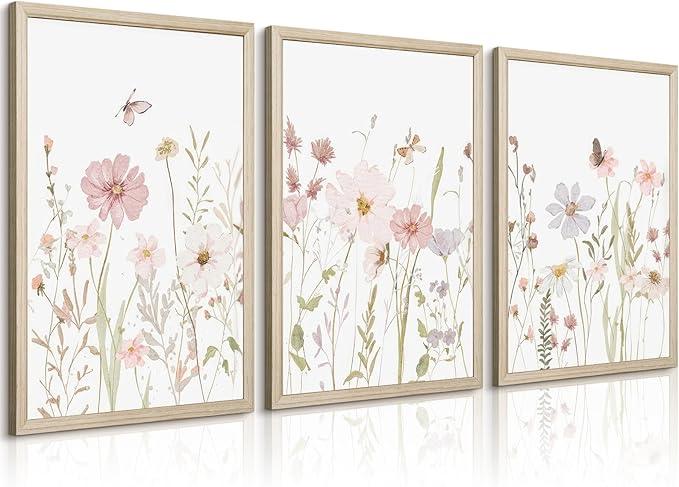 Wildflower Nursery Wall Art Pink Watercolor Floral Painting Baby Girl Nursery Canvas Wall Decor Vintage Botanical Flower Picture Boho Wildflower Prints for Bedroom 16x24x3 Inch Framed