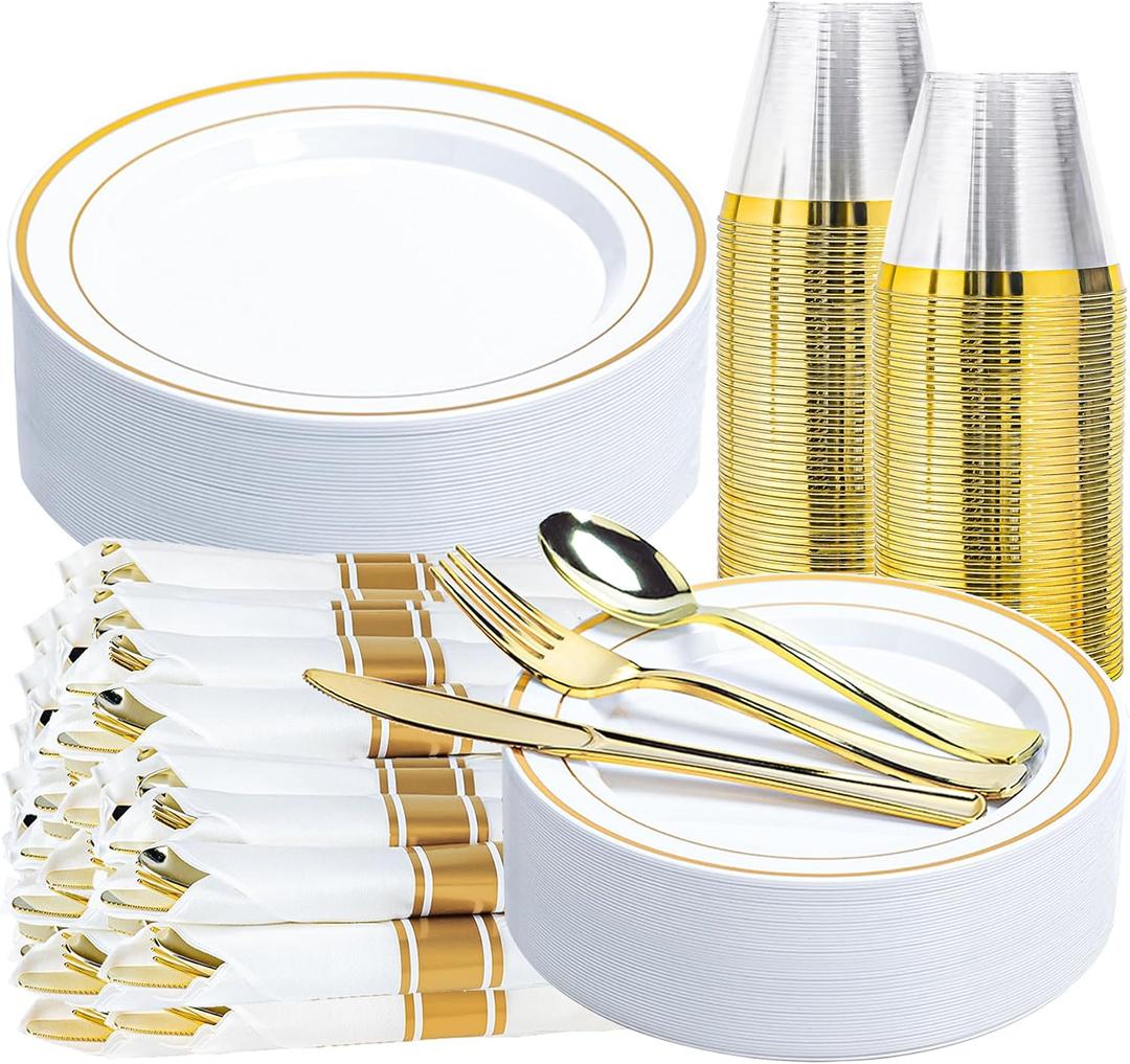 175 PCS White and Gold Plastic Dinnerware Set for 25 Guests | Disposable Party Plate, White Plastic Plates, Include 50 Plastic Plates, 25 Pre Rolled Napkins with Gold Silverware, 25 Cups