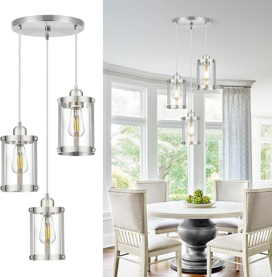 3-Light Pendant Lighting, Brushed Nickel Dining Room Chandelier Light Fixture Over Table with Clear Glass, Modern Cluster Hanging Lights for Kitchen Island Sink, OS-3014-3BN