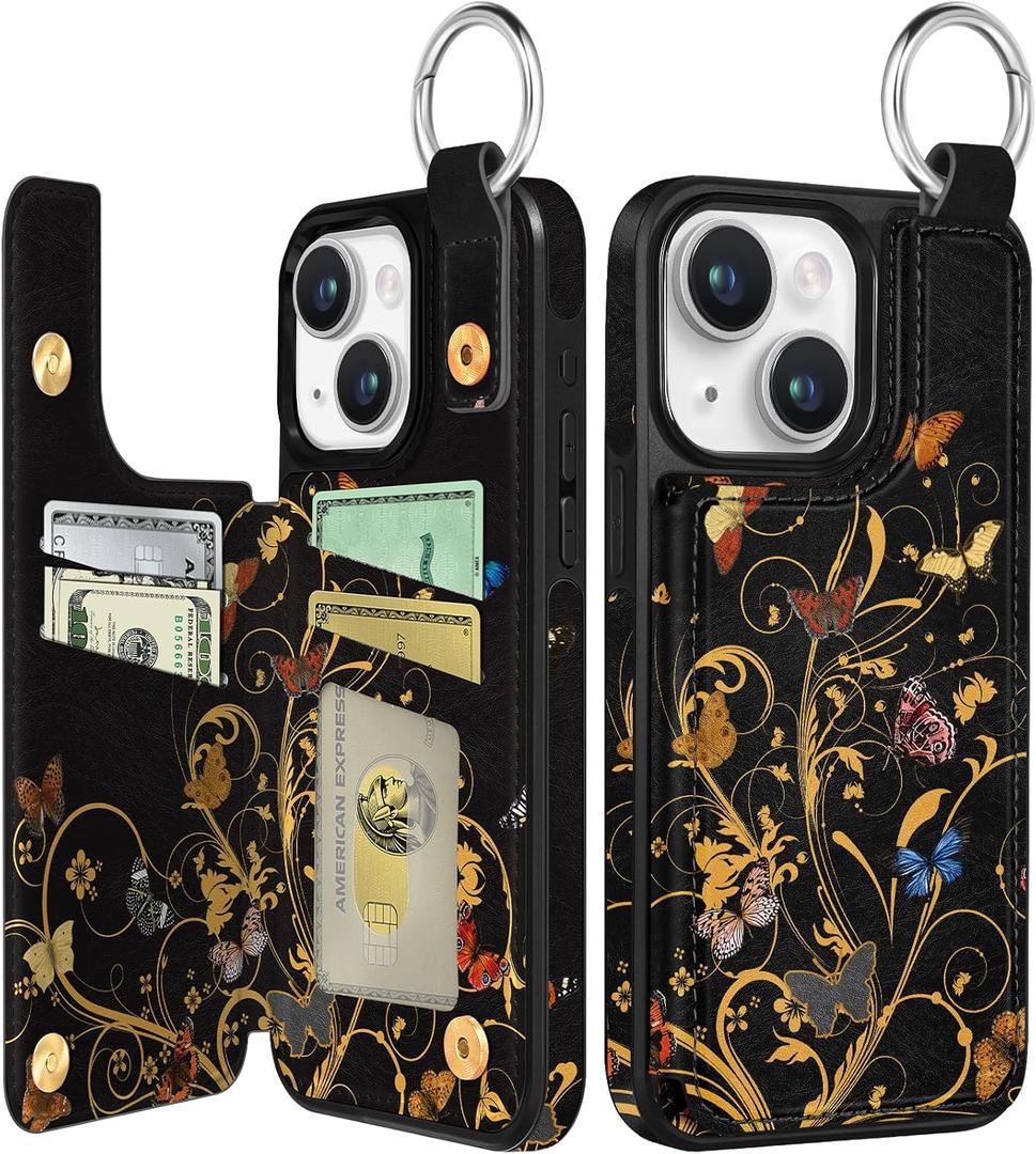 Shorogyt for iPhone 14 Wallet Case with Card Holder, Designer Golden Butterfly Pattern Kickstand Magnetic Clasp Back Flip Folio Leather Phone Cases for iPhone 14 for Women Men Girls