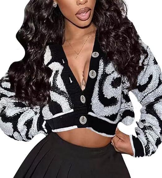 ThusFar Women Fashion Button Down Colorblock Cardigan Sweaters Fall Slim Crop Outwear Open Front Knit Coat Streetwear (Small, Typed-black)