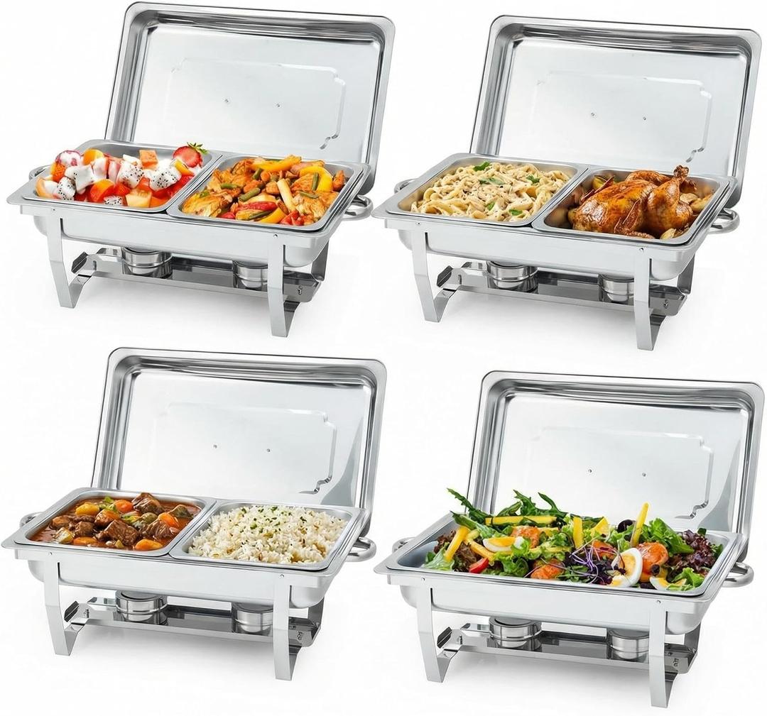 8 Qt Chafing Dishes for Buffet, 4 Pack Stainless Steel Foldable Chafers and Food Warmers Set with 6 Food Pans (Full & Half Size), Rectangle Catering Food Warmer Buffet Set for Parties, Wedding, Silver