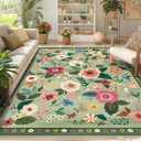 RELEANY Floral Nursery 9x12 Area Rugs Washable Print Boho Cute Carpet Non Slip Flower Low Pile for Living Room Kids Girls Playroom Bedroom Kitchen Office Farmhouse-Light Green