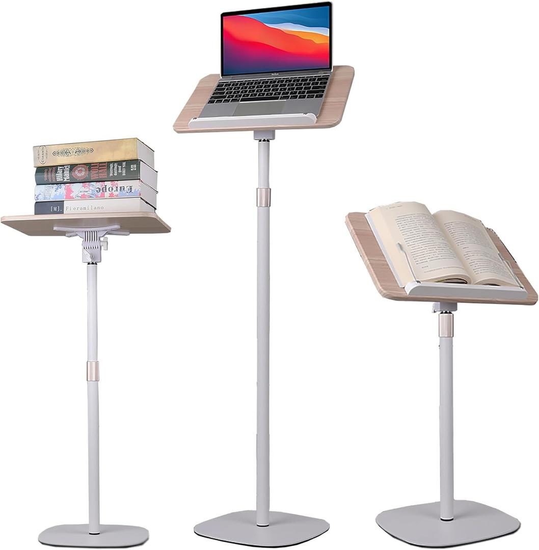 Music Book Stand with Adjustable Podium, Cook Book & Music Sheet Holder, Wooden Floor Bible Holder with Page Clip (Higher (20"-67" Height), White)